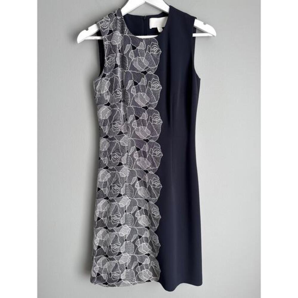 Hugo Boss Navy Sheath Dress US2 Floral Lace Panel Crepe Lined Luxury Career Work